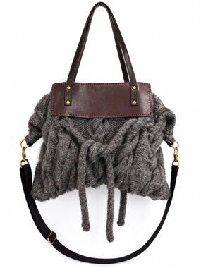 Paris Wool Leather Crossbody Tote Bag Grey Boho Chunky Knit Purse